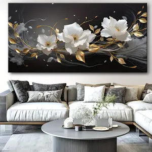 Elegant large framed canvas wall art with white florals and gold accents - modern abstract decor for living room, bedroom, office |   Wood framed modern art landscape |   Indoor horizontal wall hanging, room decor Ornaments Decoration