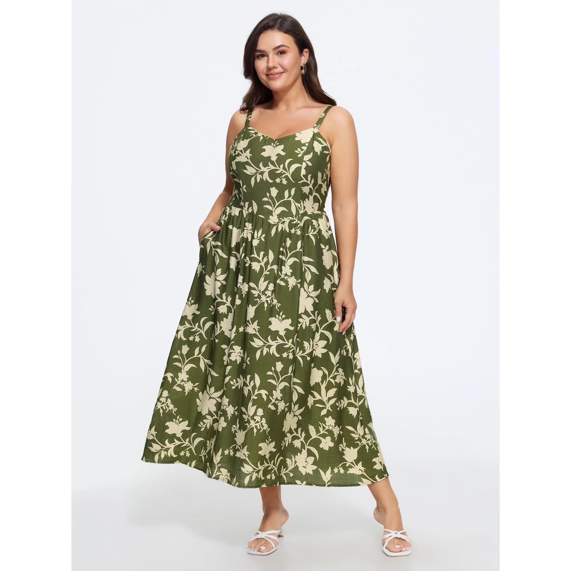 BloomChic Curvy Plus Size Casual Floral Print Rayon-Nylon Blend Cami Maxi Dress - Sleeveless, Smocked Bodice, Shirring Detail, Side Pocket, Smooth Fabric, Olive, Flattering Fit for Summer, Cami Neck