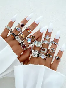 20pcs Women's Stackable Ring Set, Chunky Retro Y2K Wide Band, Tiger Eye Sunflower Asymmetric Colorful Rhinestone Heart Rings, Ideal Gift for Girlfriend and Mom, Rhinestone Decor Ring