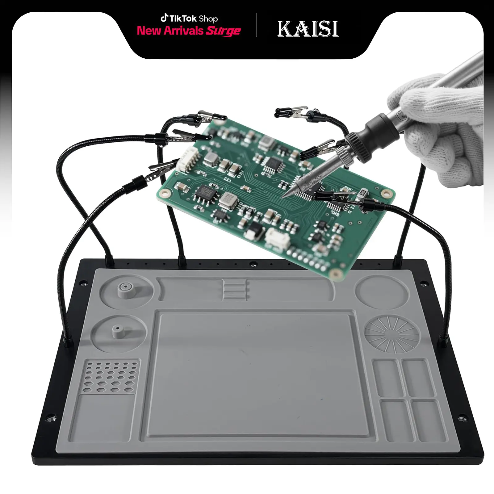Kaisi 2-in-1 Heavy Duty Helping Hands Soldering Station - Heavy Duty Base, 6 Adjustable Flexible Metal Arms, Alligator Clips, Large Size High-Temp Safe Silicone Mat for Electronics Repair, Hobbies, DIY Crafts