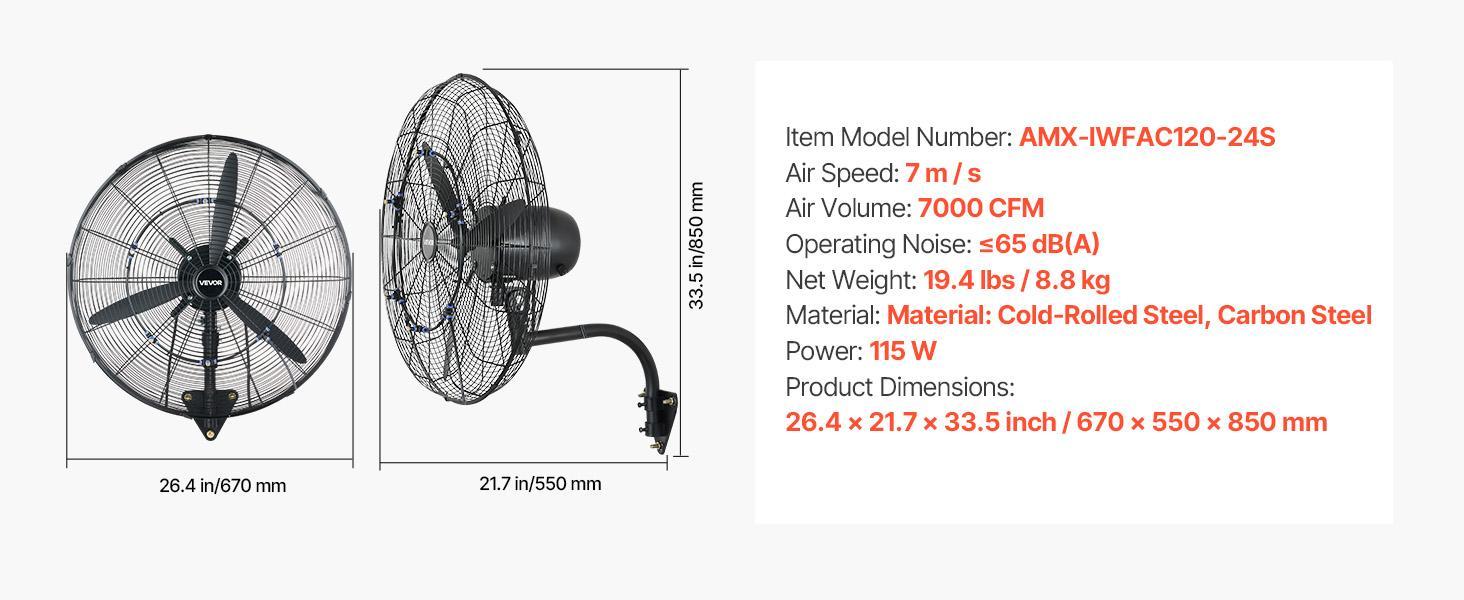 【BackToSchool】VEVOR 24-in Sturdy Wall-Mounted High Power Fan - IP44 Rated, 3-Gear Adjustable, Oscillating Mist, Mechanical Control, Aluminum Blades, Adjustable Airflow, for Grow Tents, Workshops