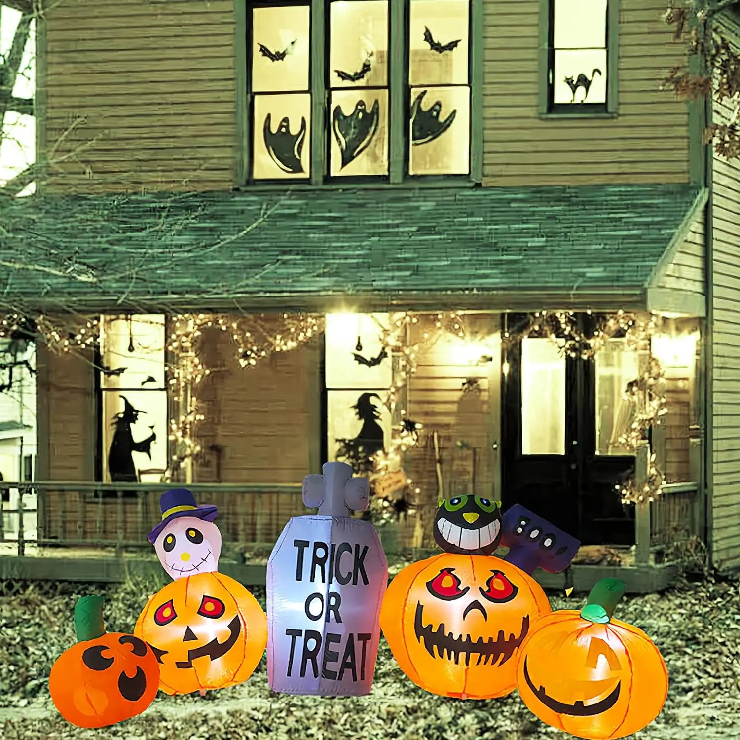 Gardwin 8FT Wide LED-Lit Halloween Inflatable Pumpkin & Tombstone Outdoor Decor, Blow-Up Ornament with LED Lights for Home Garden Lawn