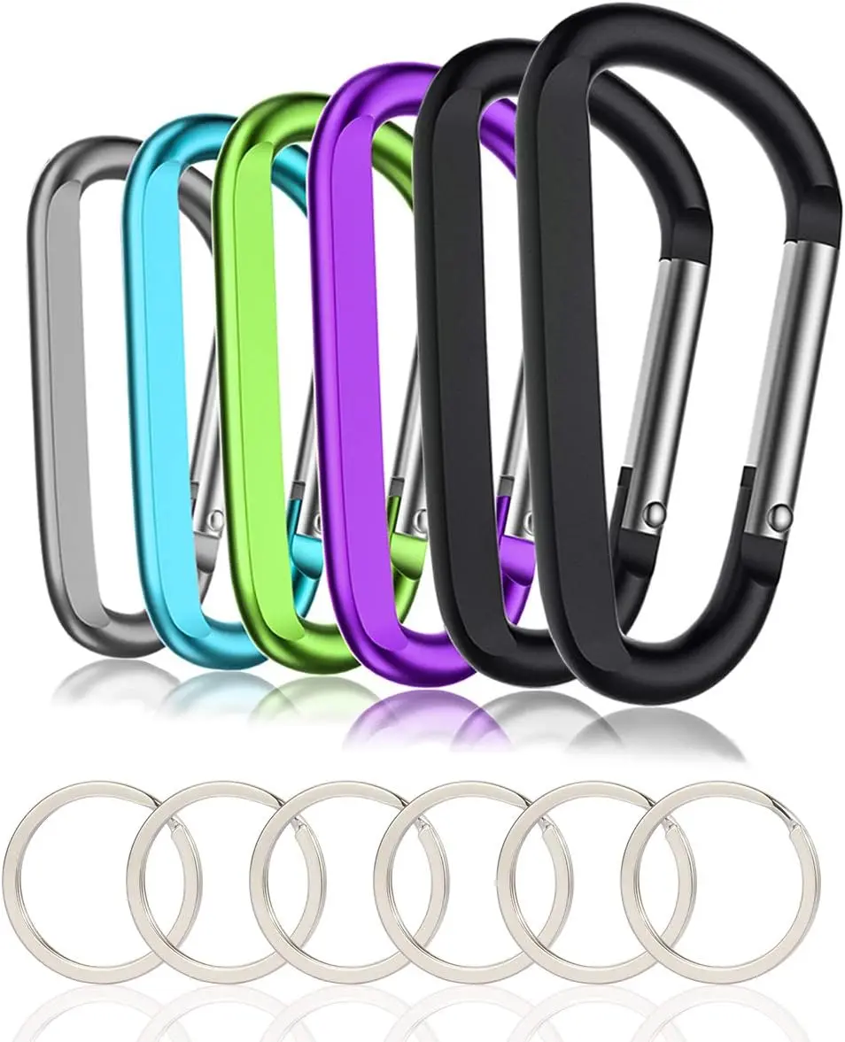 6 Pack D-Ring Aluminum Alloy Carabiner Clips, 3-Inch Lightweight Hooks with Keyrings for Camping & Outdoor Gear - Not for Climbing, Hanging Lights
