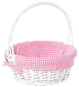 Vintiquewise  13.5 x 15.25 in. Round Willow Gift Basket with Pink Gingham Liner & Handle, White - Medium