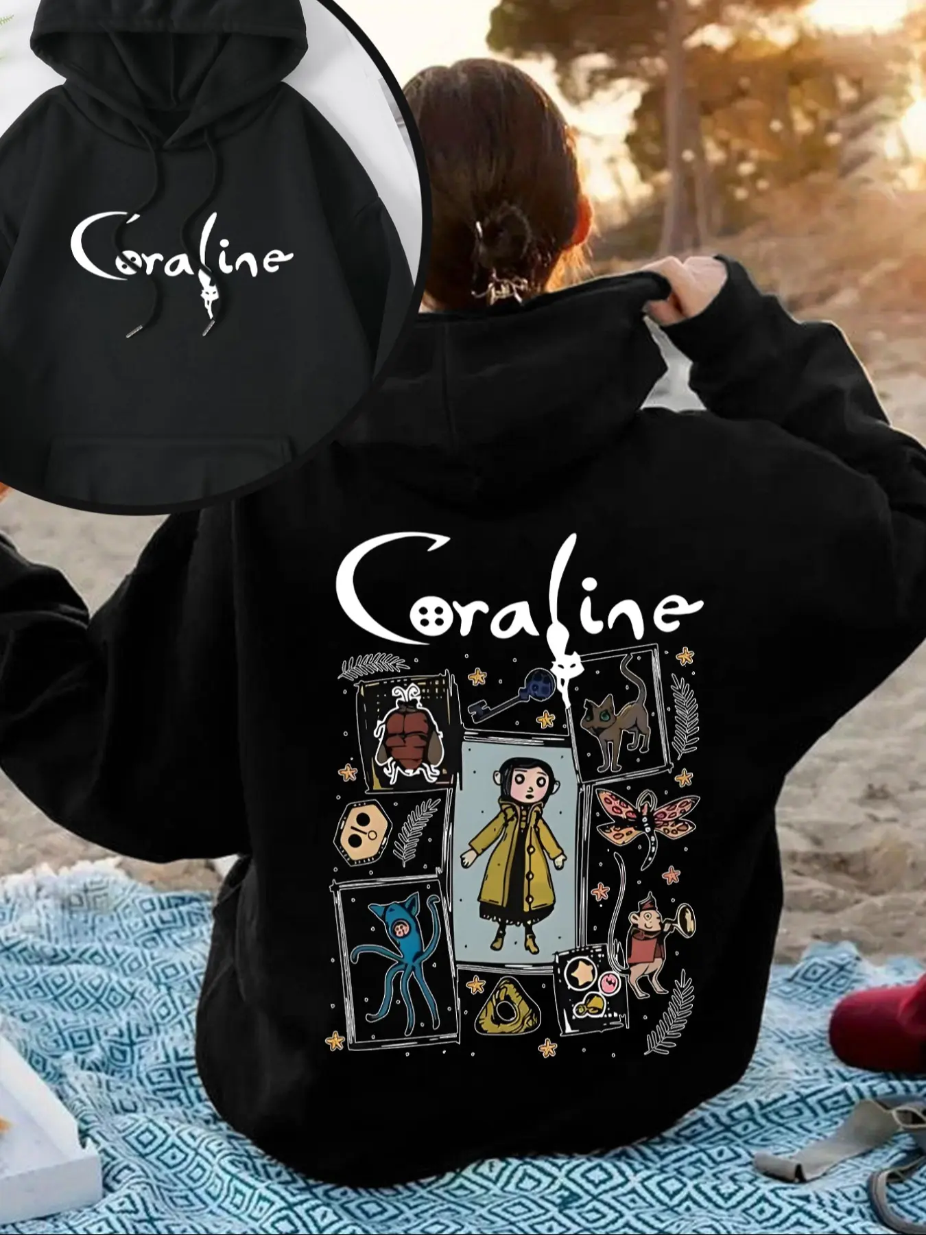 Coraline Double-Sided Oversized Everyday Essential Casual Fitted Knit Long Sleeve Hoodie Sweatshirt Pullover - Women's Black Graphic Hoodie with Front & Back Movie-Inspired Prints Double Printed Hoodie Casual Streetwear Hoodies