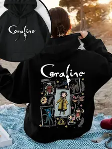 Coraline Double-Sided Oversized Everyday Essential Casual Fitted Knit Long Sleeve Hoodie Sweatshirt Pullover - Women's Black Graphic Hoodie with Front & Back Movie-Inspired Prints
