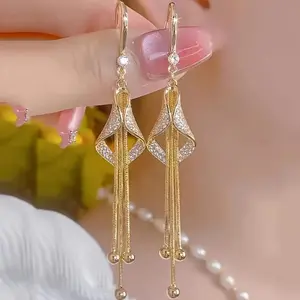 Elegant 14K Gold-Plated Rhinestone Tassel Earrings, Zinc Alloy Long Dangle Earrings with Synthetic Diamonds, Copper Ear Needle, for Women, Suitable for Ages 14+