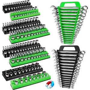 10-  Socket and Wrench Organizer Set, 1/4", 3/8", 1/2" Drive Metric SAE Socket Organizer,  Wrench Holder 30 Slots Total, Tool Box Organizers (Sockets Wrenches not Included)
