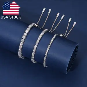 USA Stock Luxury Wedding Gift Fashion 2mm 3mm 4mm 925 Sterling Silver VVS Moissanite Diamond Adjustable Slider Tennis Bracelet