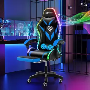 RGB Gaming Chair with Bluetooth Speakers and LED Lights Cute Massage Computer Gaming Chairs with Footrest High Back Music Video Game Chairs with Lumbar Support for Kids Girl Kawaii Light Blue and lotus  saddle  chair herman miller desk chair office chair