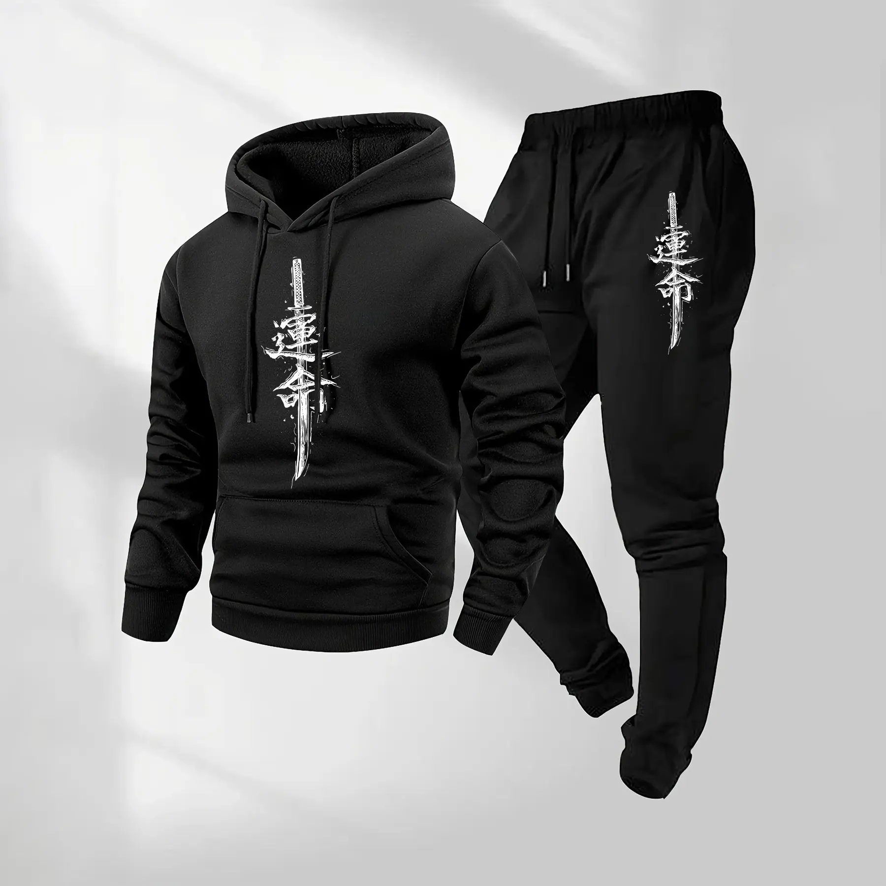 Men's 2-Piece Chinese Print Tracksuit - Long-Sleeve Hoodie, Drawstring Sweatpants with Pockets, Fall-Winter Sporty Style Outfits, Casual Indoor-Outdoor Training Tracksuit Uniform, Training Clothes