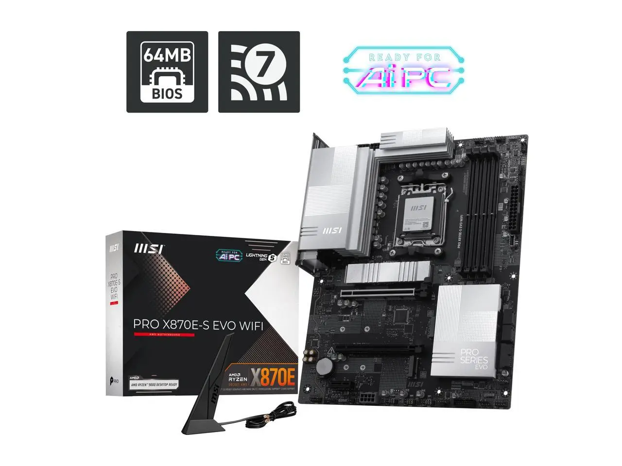 MSI PRO X870E-S EVO WIFI ATX AM5 Motherboard, USB 4.0, 4x SATA 6Gb/s, AMD Wi-Fi 7, USB 4.0