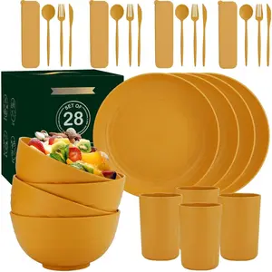 28- Wheat Straw Dinnerware Sets, Microwave & Dishwasher Safe Unbreakable Dinnerware Set,  Dishware Sets, Lightweight Camping Dishes, Plates, Cups, Cereal Bowls for 4(Yellow Orange)