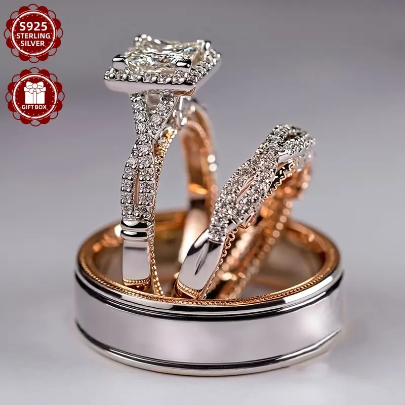 New S925 Sterling Silver 3pcs/set Moissanite Ladies' Luxurious, Fashionable, Elegant,-end Retro Ladies' Engagement And Suitable for Weddings, Birthdays, Daily Christmas, Carnival, Including Gift Box, Daily Wear, Elegant Design, Fashionable Rings, Durable
