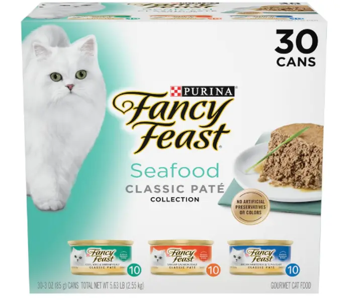 Purina Fancy Feast Assorted Seafood Classic Pate Grain-Free Canned Cat Food Variety Pack - (Pack of 30) 3 oz. Cans with Minerals, Skin Health Support, Fresh Aroma Lure