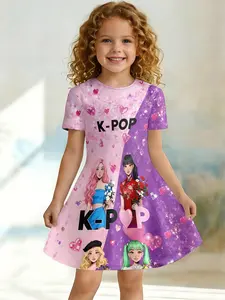 Sweet Cool Girls' Dress, K-Pop Idol Theme, Casual Asymmetrical One-Piece, Knee Length, Short Sleeve, Perfect for Daily Wear, Sparkly Glitter Dresses