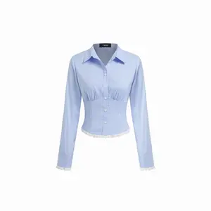 Cider Gingham Collar Long Sleeve Lace Trim Button Shirt SwimWeek
