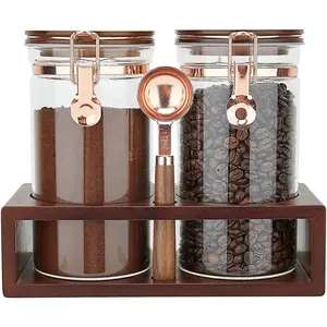 Glass Coffee Container with Wooden Shelf, 2 x 40 FLOZ Coffee Bean Storage with Sealed Closure Clips and Copper Spoon, Kitchen Large Capacity  Storage Jar, Ground Coffee Container