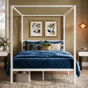 Full/Queen Size White Canopy Bed Frame, Metal 4-Post Platform Bed, Metal Slat Support, 1000Lbs Capacity, 12.4" Under-Bed Storage, No Box Spring, Noise-, Easy Assembly
