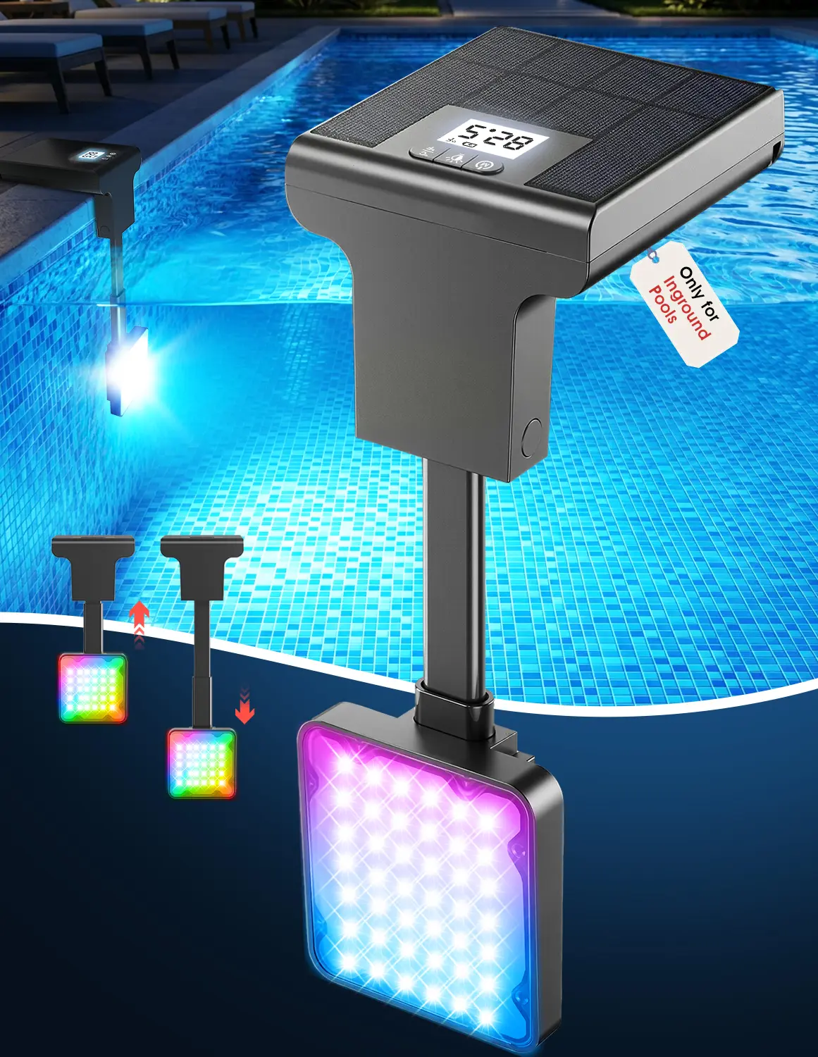 LightHacker Solar Inground Pool Light with LCD Screen, IP68 Waterproof, 10 RGB Modes, 9 Adjustable Pole Lengths, 10+ Hours Runtime, Silicon Build, Solar Outdoor Lights for Family Gathering (Batteries Included, 1 Pack)