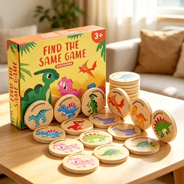 Wooden dinosaur pattern matching game set for finding identical items. Montessori cognitive training. Logical thinking. Educational, intelligent, leisure and brain-training game. Gift.