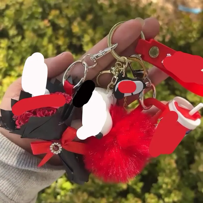 Dog-Themed Mini Ribbon Rose Bouquet Keychain Set