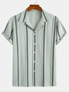 Men's Fashion Cuban Collar Short Sleeve Shirt, Casual Sports Top, Summer Fitted Tee, Jacquard Texture, Breathable Moderate Fabric, No Organic Textile