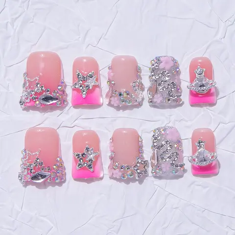 Nailssbysheccid, 10pcs press-on nails, Decorative nails, handmade nails, Duckbill, Y2K style, Rhinestone French style, 3D, French nail art, suitable for family dinners, weddings, comes with jelly glue, crystal sticks and twisting rods
