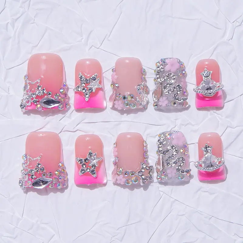 Nailssbysheccid, 10pcs press-on nails, Decorative nails, handmade nails, Duckbill, Y2K style, Rhinestone French style, 3D, French nail art, suitable for family dinners, weddings, comes with jelly glue, crystal sticks and twisting rods