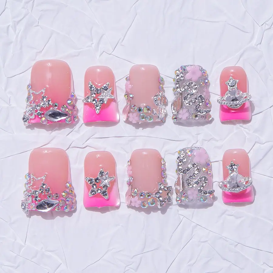 Nailssbysheccid, 10pcs press-on nails, Dramatic handmade nails, Duckbill, 100% handmade, Y2K style, Rhinestone French style, 3D, French nail art, suitable for family dinners, weddings, comes with jelly glue, crystal sticks and twisting rods