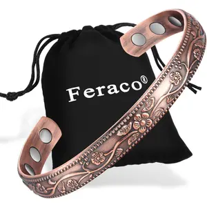 Feraco Copper Bracelet for Women, Ultra Strength Magnetic Bracelets, 99.99% Pure Copper Cuff Bangle with 3500 Gauss Neodymium Magnets, Adjustable, Vintage Flower Collection