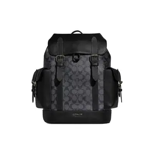 COACH Hudson 30 Backpack with Classic Monogram Print, Flip-Top Drawstring Closure, and Internal Zipper Pocket in Pebbled Leather and Canvas for Men