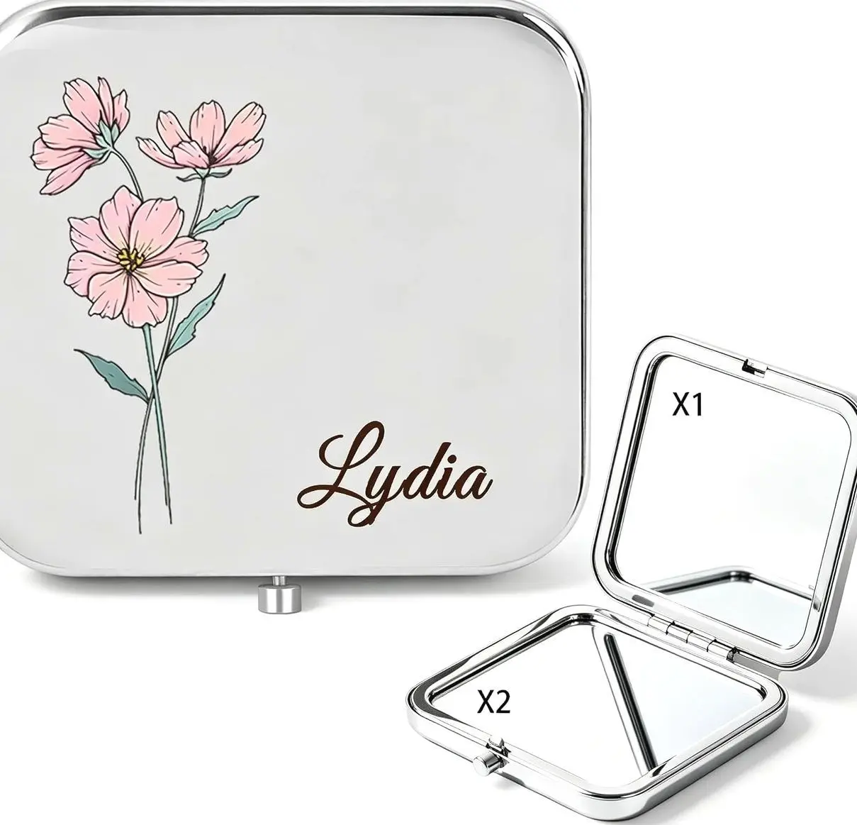 Custom Compact Travel Mirror with Birth Flower & Name, 2x/1x Magnifying Portable Mirror, Small Cosmetic Makeup Mirror Personalized Gift for Bridesmaid, Mother, Graduation, Nurse