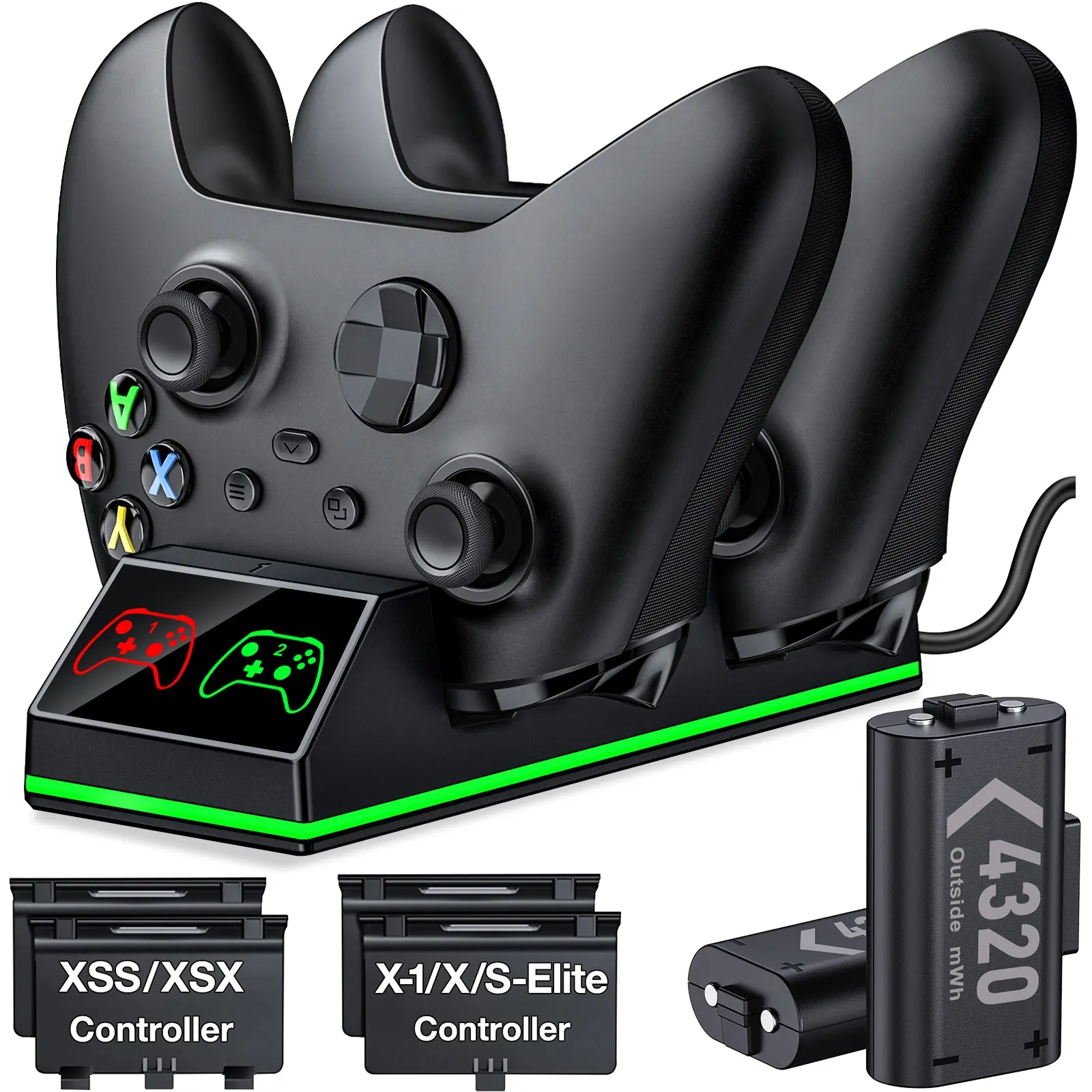 Controller Charger Station with 2x4320mWh Rechargeable Battery Pack for Xbox Series X/S Controller, Charging Dock for Xbox Controller Battery Pack with 4 Batteries Cover for Xbox One/X/S/Elite