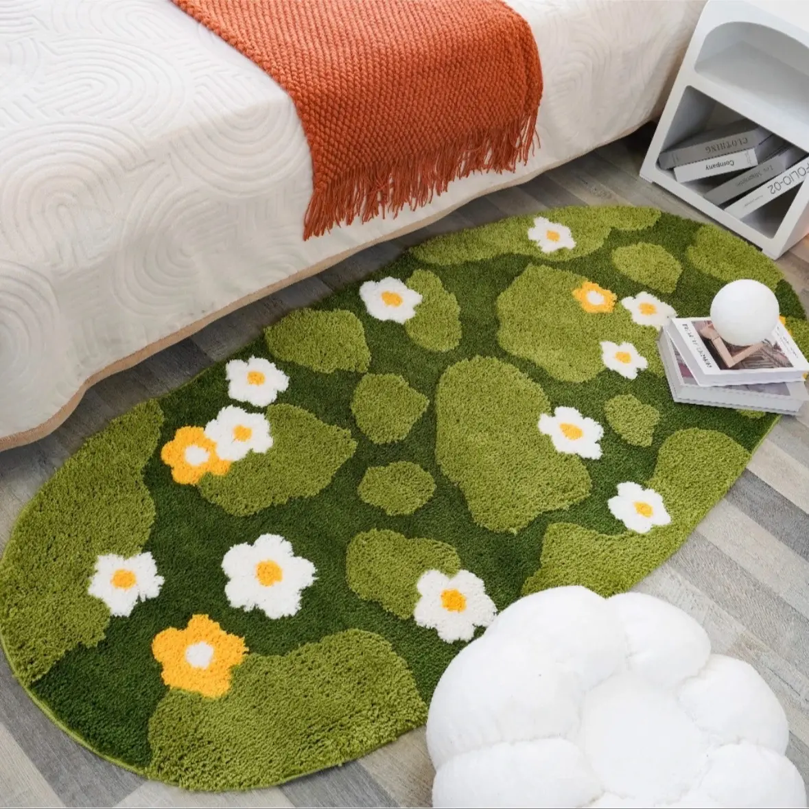 Spring Meadow Moss Plush Tufted Decorative Rug - Non-Slip Floral Shaped Runner, Household Bedroom Bedside Rug, Window Sill Cushion, Floral Shaped Rug