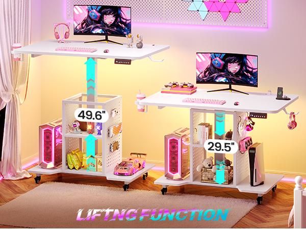 SEDETA Small Standing Gaming Desk - 31.5in Compact Adjustable Mobile Rolling Roll-Wheel Office Furniture with Power Outlet, Pegboard, Storage Shelves, RGB LED Light for Small Spaces/Bedroom, Standing Desk, Compact Adjustable Desks