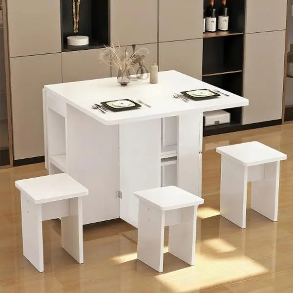 [Bellemave]5-piece set/Folding Drop Leaf Dining Table Set for 4 with 4 Chairs, Space Saving Foldable Dining Table with Storage and 6 Wheels, 47.2 inch D x 23.6 inch W x 30.3 inch H, White