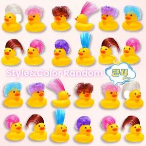 24pcs Rubber Cruise Ducks Bath Toys with Wig , Tiny Ducks Funny Rubber Toys Bulk for Bath Shower Time Birthday Gifts Spring Summer Pool Cruise Party Favors, Random