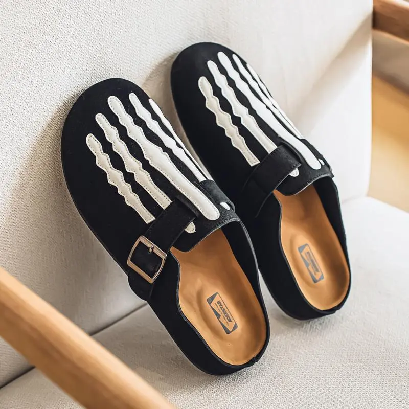 Men's Fashion Half Pack Casual Loafers with Skeleton Design No Heel Lazy One Foot Pedal Shoes for Everyday Wear Comfortable Soft Material Clogs Suede Clogs