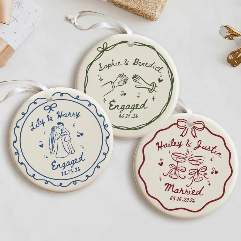 2 Sided Ceramic Ornament, Custom Engagement Gift, Personalized Engagement Gift for Engaged Couples, Wedding Gift Newlyweds, Bride and Groom