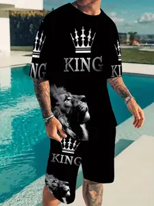 King Crown Lion Graphic 3D Digital Print Tee & Short Pants Set, Casual Fitted Crop Top, Geometric Pattern, Drop Waist Track Shorts, Outfit, Menswear, Casual Fashion Set