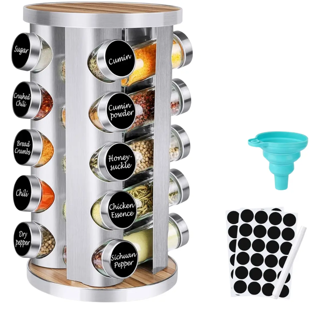 Spice Rack Organizer with Jars for Cabinet 20Pcs Revolving Rotating Seasoning Organizer Stainless Steel Wooden Countertop Rack Tower Organizer for Kitchen Pantry with Reusable Labels Funnel Brushes