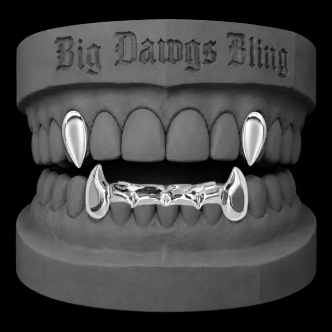 14K White Gold Plated Vampire Fangs 3pc Grillz Set