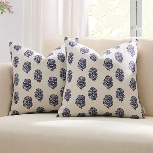 Meekio Set of 2 Navy Blue Pillow Covers 20 x 20 inches Linen Throw Pillow Covers with Floral Block Print for Sofa Couch Decor