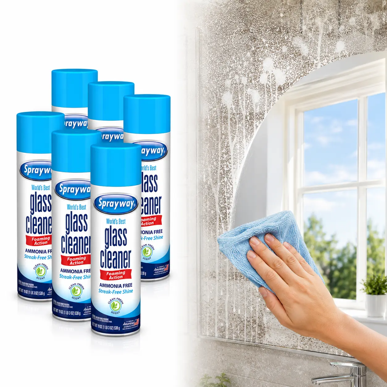 Sprayway 23 oz Glass Cleaner, ammonia-free foaming aerosol, streak-free shine, fast drying, no rinse, removes fingerprints, dust, dirt, grease, grit, grime, smoke film, fresh scent, windows, mirrors, windshields, shower doors, glass tables, picture frames