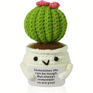Cactus Design Crochet Ornament, 1 Count Mini Creative Handmade Knitted Cactus Toy with Positive Card, Decorative Flower for Home Office Dormitory School Living Room Desktop