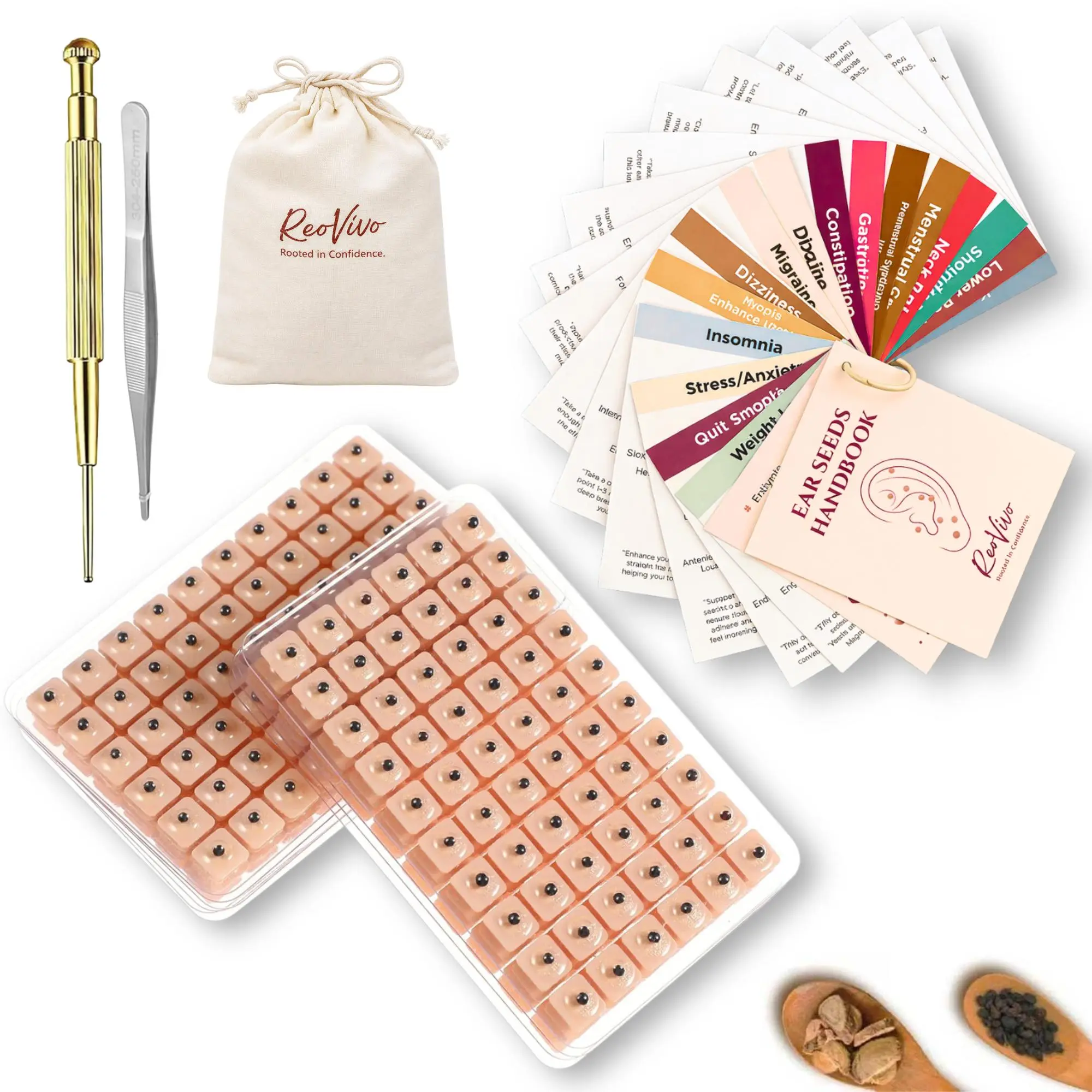 600pcs Ear Seed Kit with Placement Guide, Retractable Probe, Tweezers and Pouch – Manual Massage Tool for Beauty & Personal Care Bath & Body Care
