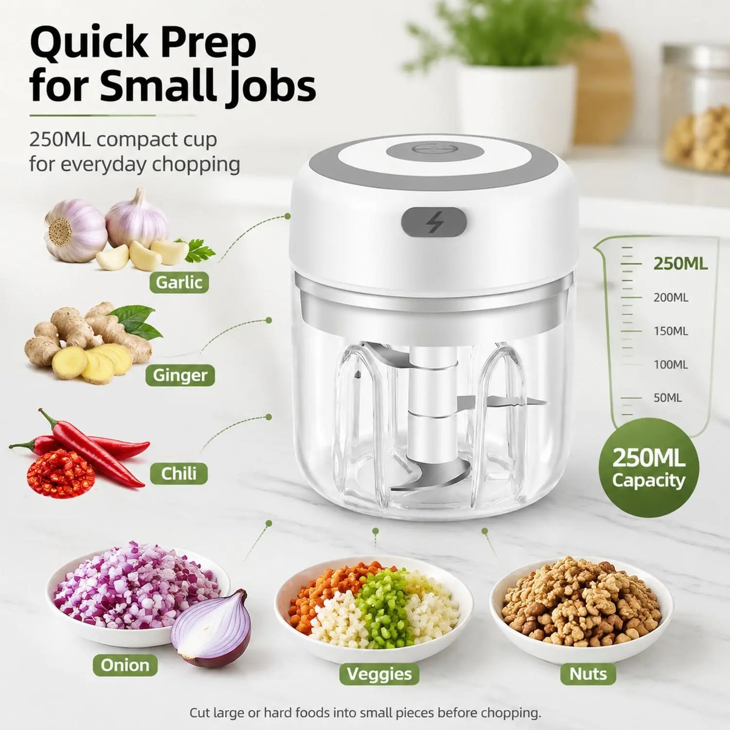 Mini Electric Food Chopper, 250ML USB Rechargeable Garlic Chopper with 304 Stainless Steel Blades, Portable Small Vegetable Chopper for Onion, Ginger, Chili, Nuts and Small Meal Prep, White