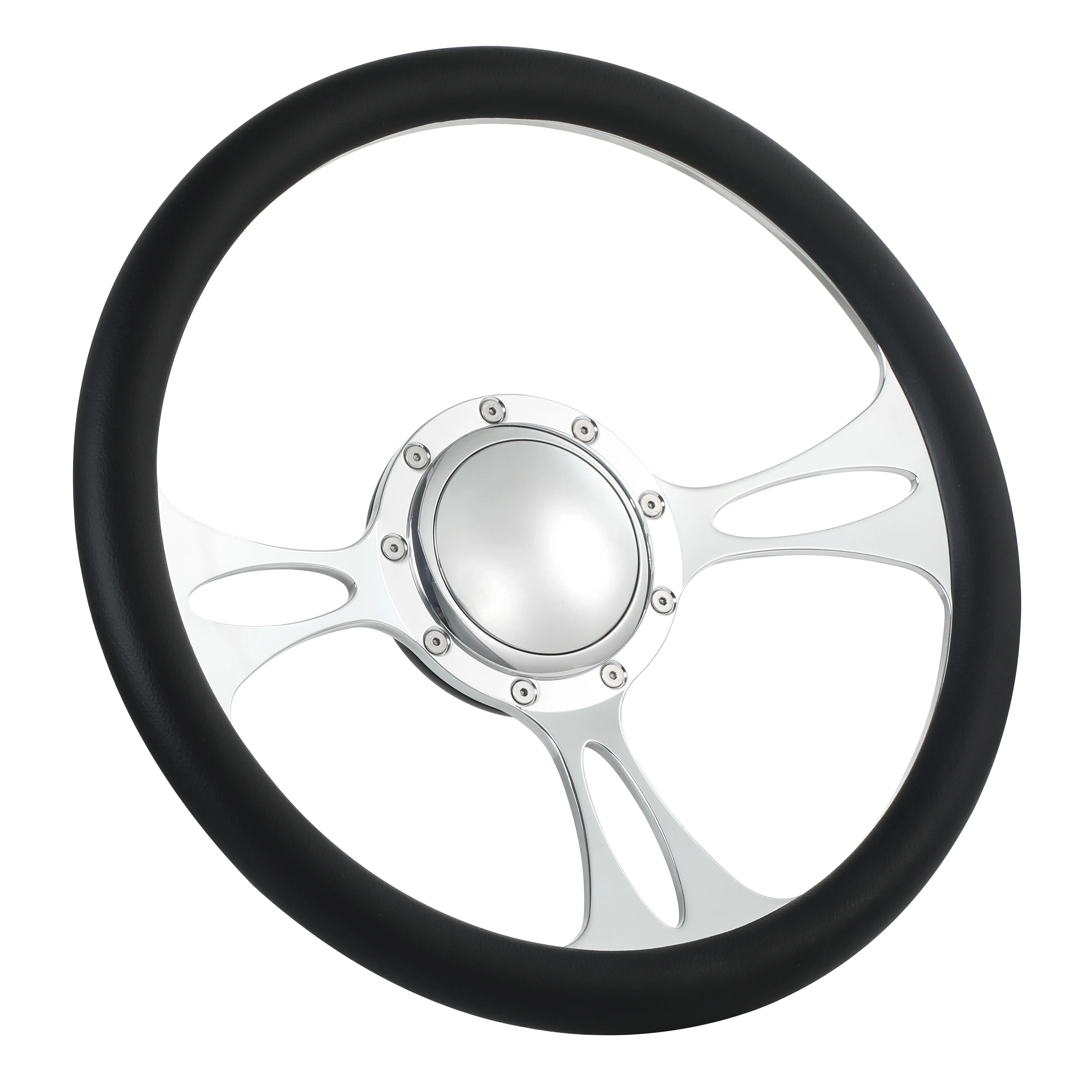 14" Aluminum Billet Steering Wheel, Black Half-Wrap Leather Grip with Mirror Polish, Aftermarket Fit for Ford Thunderbird Mustang EXP, Includes Horn Button