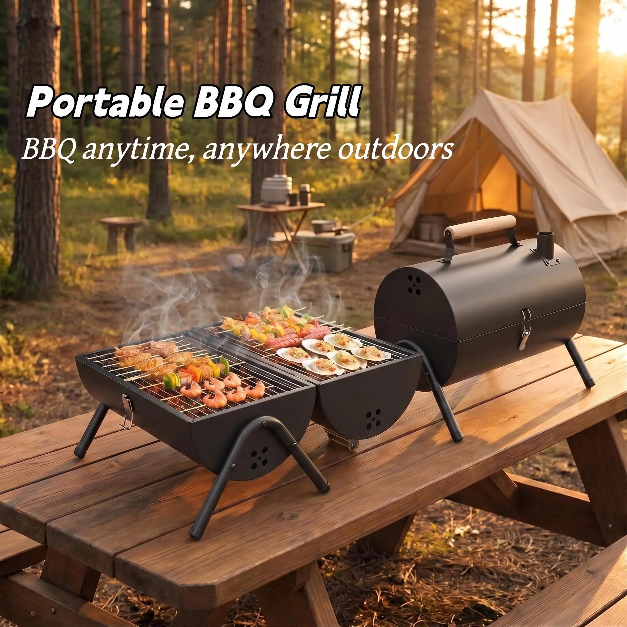 Sturdy Compact Tabletop Charcoal BBQ Grill for RVs, Car Camping – Dual Zones Heat Adjust, Detachable Easy-Clean Design, Adjustable Air Vents, Tailgate Parties & Outdoor Travel Use